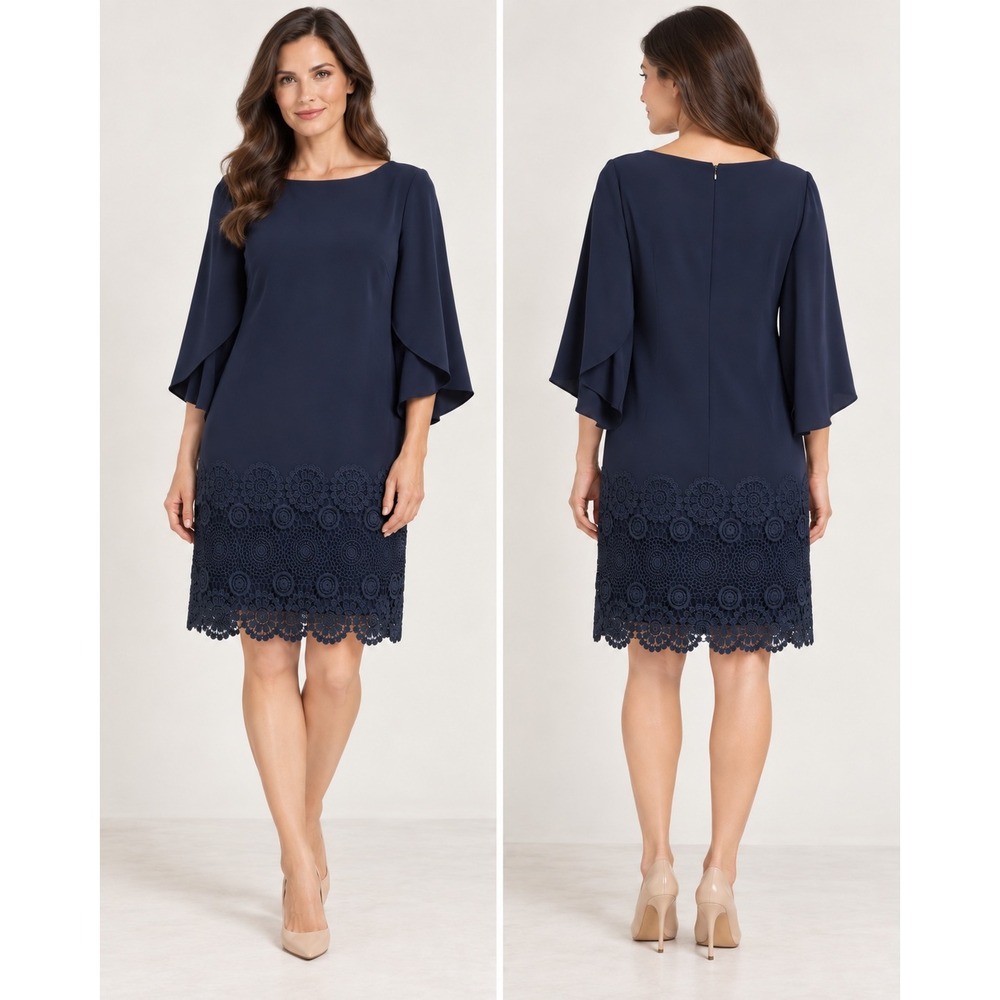 Tahari Arthur S Levine Womens 10 Navy Lace Hem Cape Sleeve Dress NWOT
